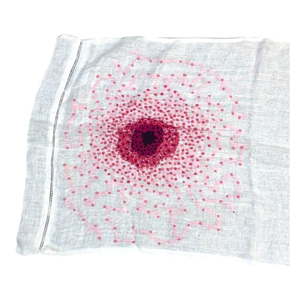 White & Pink Floral Embroidered Scarf Sheer Table Runner Dresser Boho Y2K Chic
